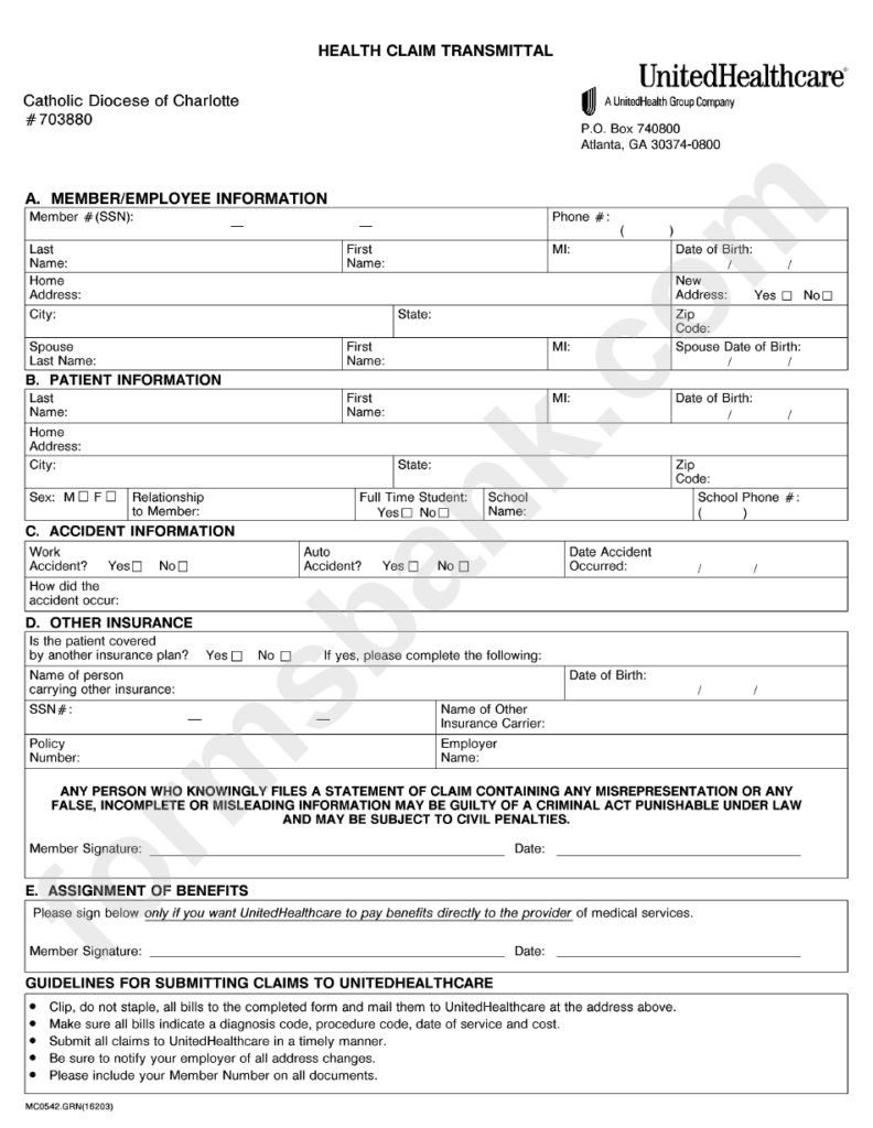 Health Claim Transmittal United Healthcare Printable Pdf Download