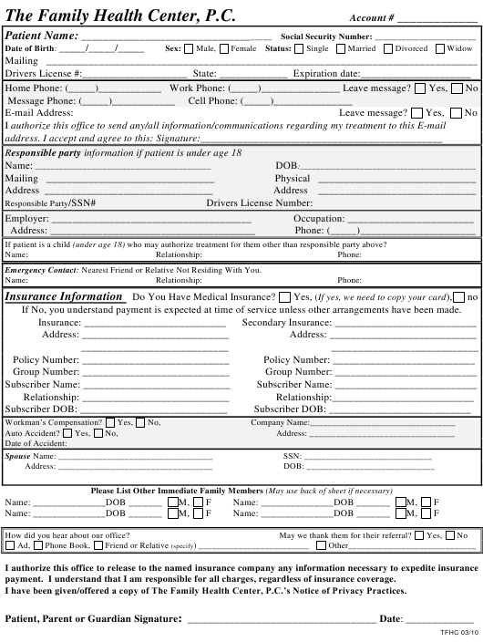 Health Insurance Application Form Family Health Center P c Download 