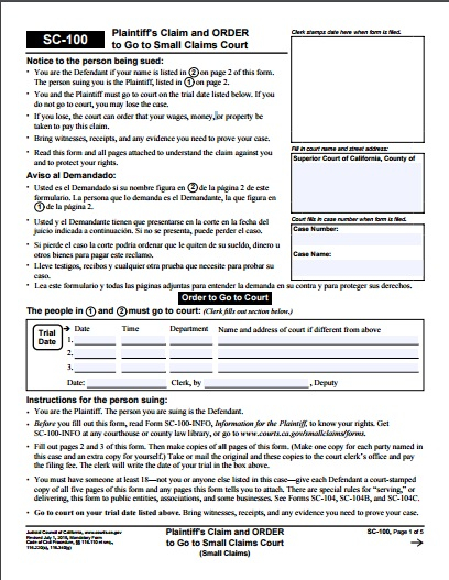 How To Win In Small Claims Court Download SC 100 Small Claims Form