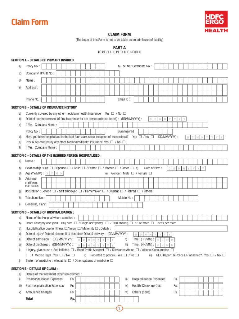 India HDFC ERGO Health Insurance Claim Form Fill And Sign Printable 