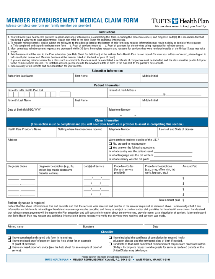 Member Reimbursement Medical Claim Form Free Download