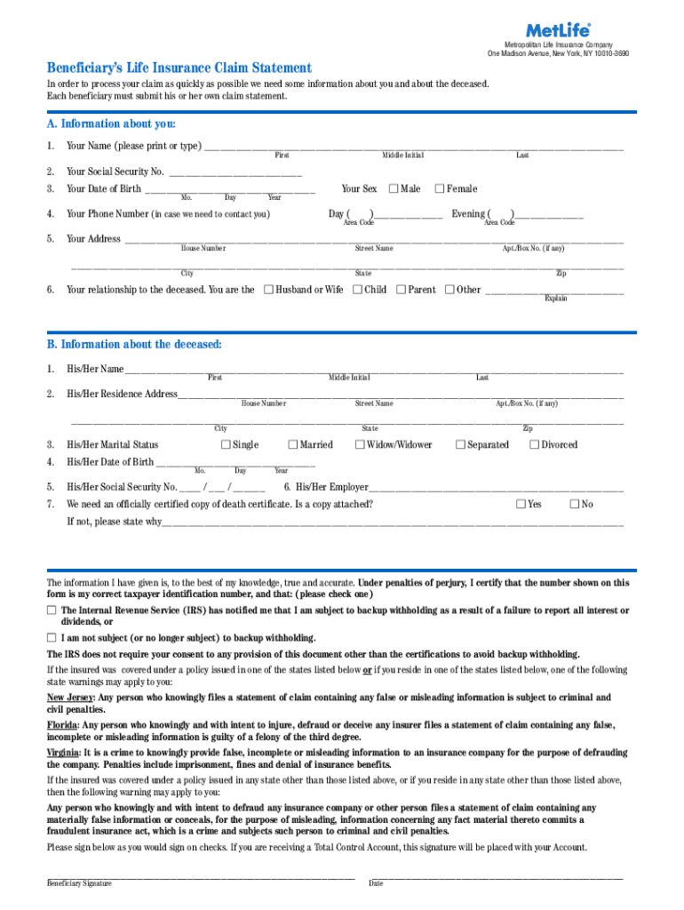 Metlife Claim Form Download Fill Online Printable Fillable Blank 