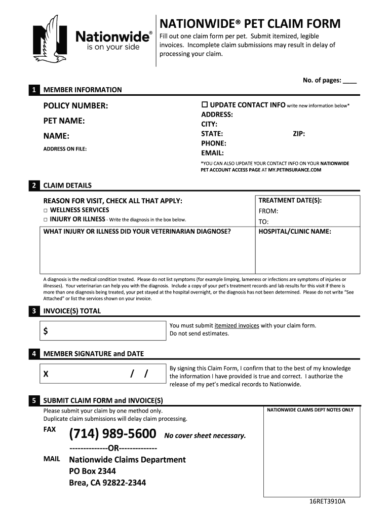 Nationwide Pet Insurance Claim Form Fill Out Sign Online DocHub