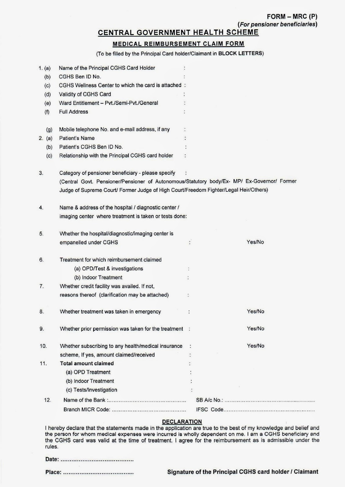 New Medical Reimbursement Claim MRC Form For CGHS Beneficiaries 