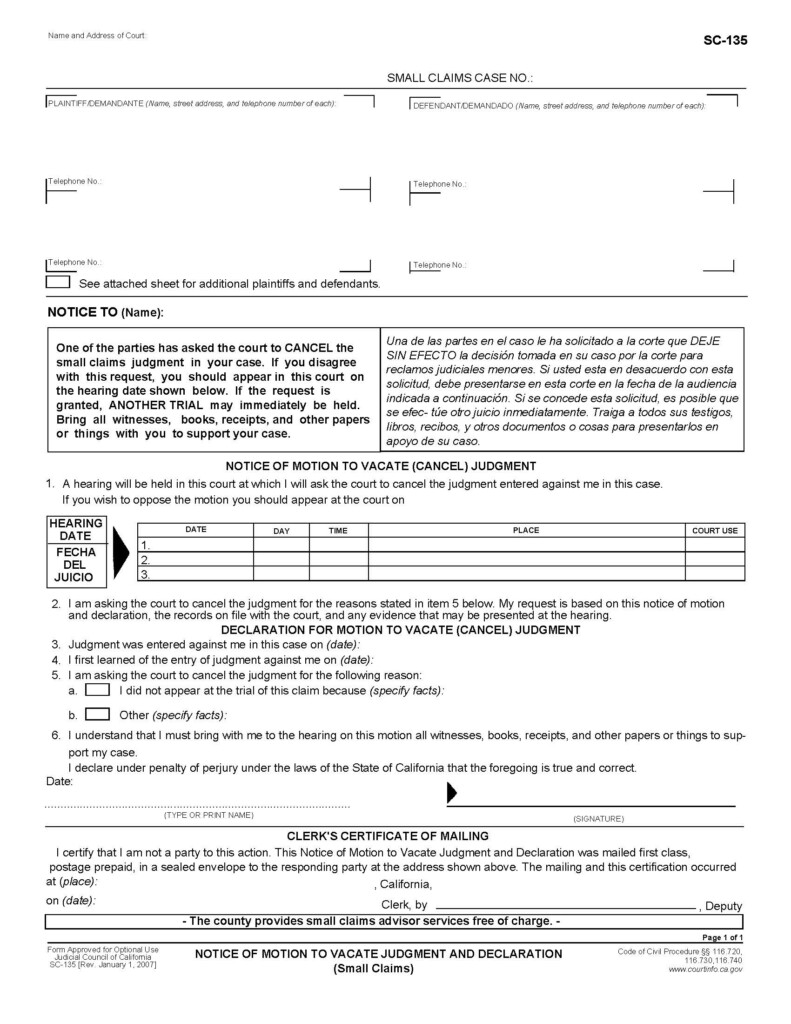 Notice Of Motion To Vacate Judgment And Declaration Small Claims SC 