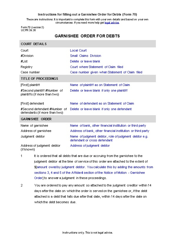 NSW UCPR Form 70 Version 2 Garnishee Order For Debts Docest