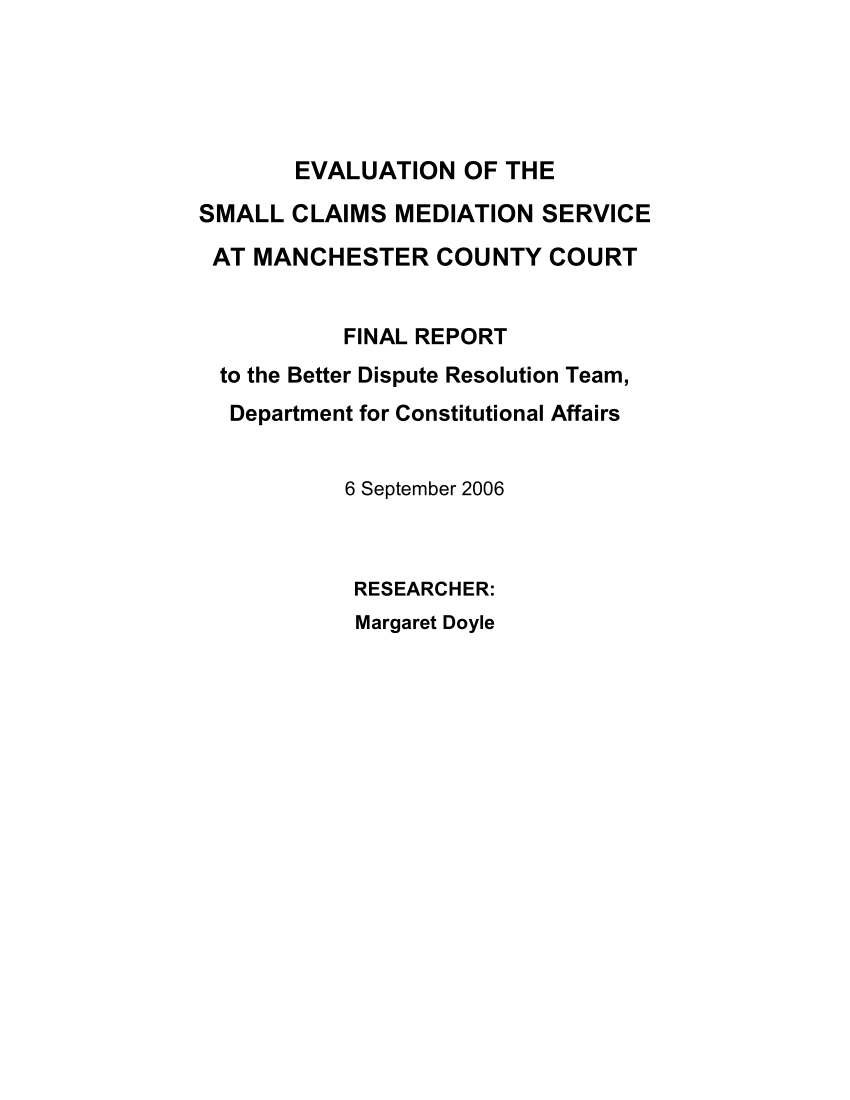 PDF Evaluation Of The Small Claims Mediation Service At Manchester