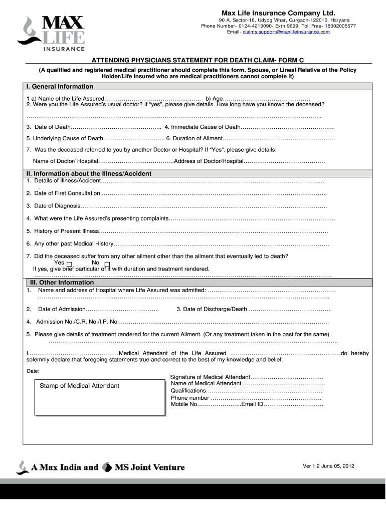 Physicians Statement Death Claim Form Fill Out Sign Online DocHub