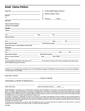 Printable Harris County Small Claims Petition Fill Out Download 