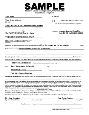 Sample Form Of Small Claims Complaint Hamilton County Clerk Of Fill 