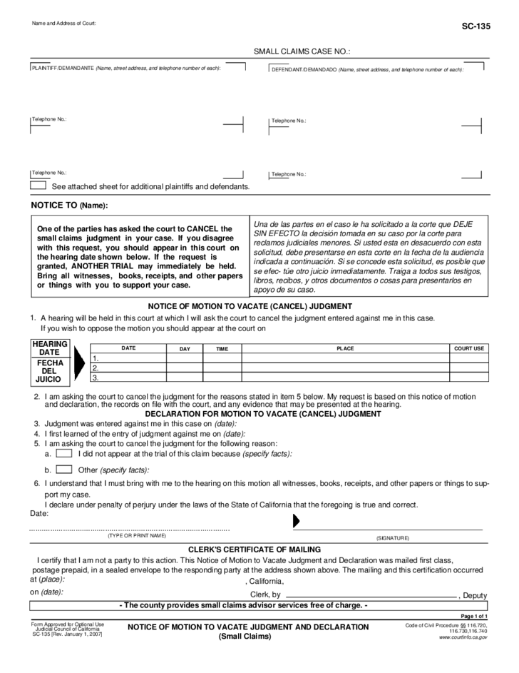 SC 135 Notice Of Motion To Vacate Judgment And Declaration Free Download