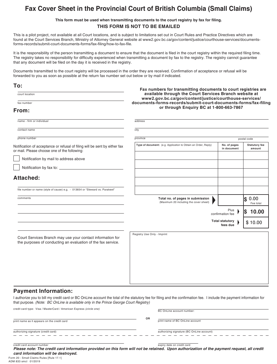 SCR Form 20 ADM833 Download Fillable PDF Or Fill Online Fax Cover