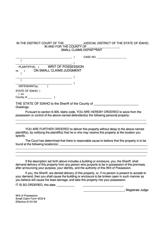 Small Claim Form Sc9 8 Writ Of Possession Printable Pdf Download