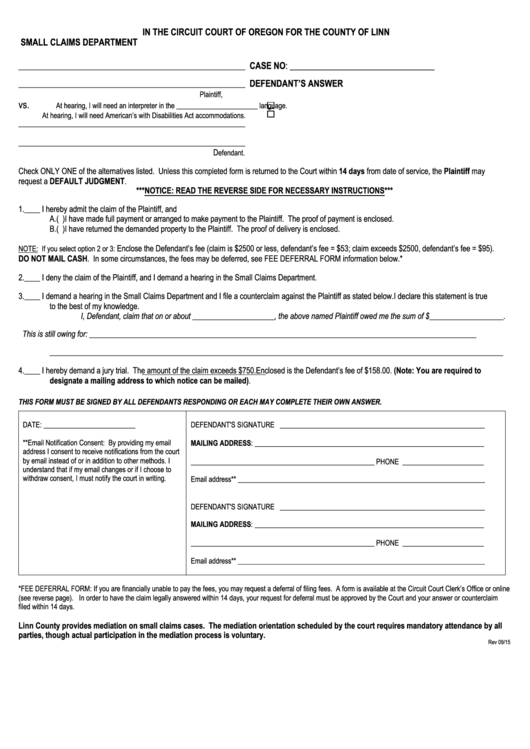 Small Claims Department Form Printable Pdf Download