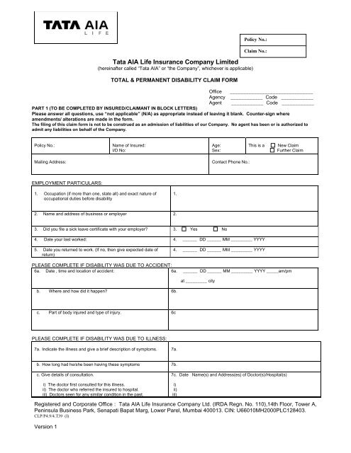 Total And Permanent Disability Claim Form Tata AIA Life Insurance