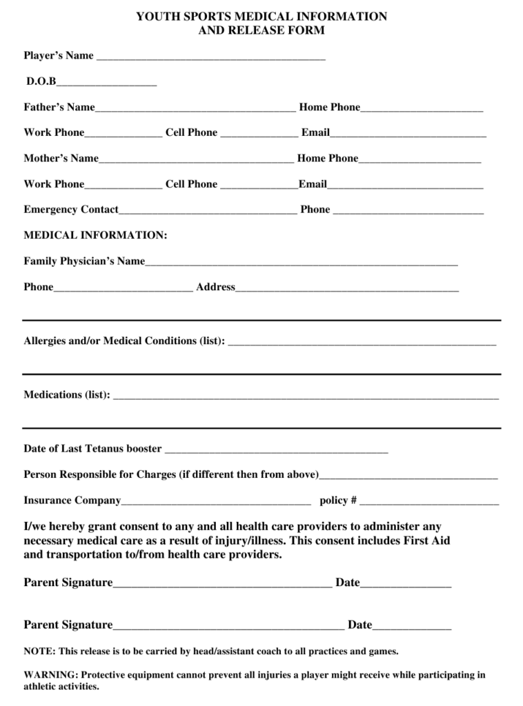 Youth Sports Medical Information And Release Form Download Printable 