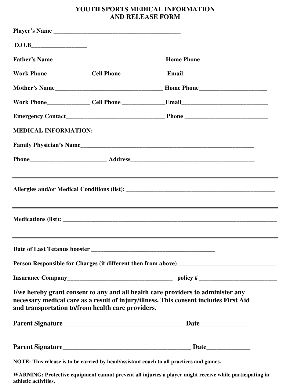 Youth Sports Medical Information And Release Form Download Printable 