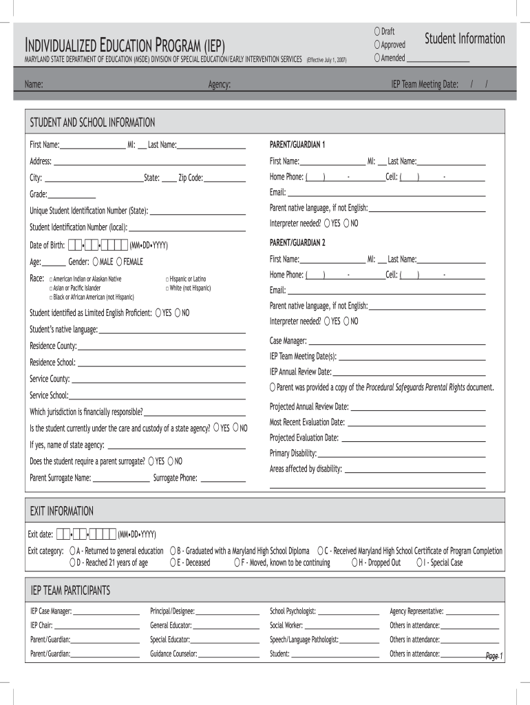 2007 MSDE IEP Form Fill Online Printable Fillable Blank PdfFiller