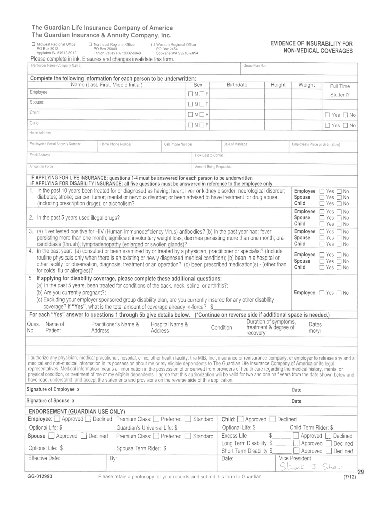 2012 2023 Guardian Life Insurance Insurability Form Fill Online