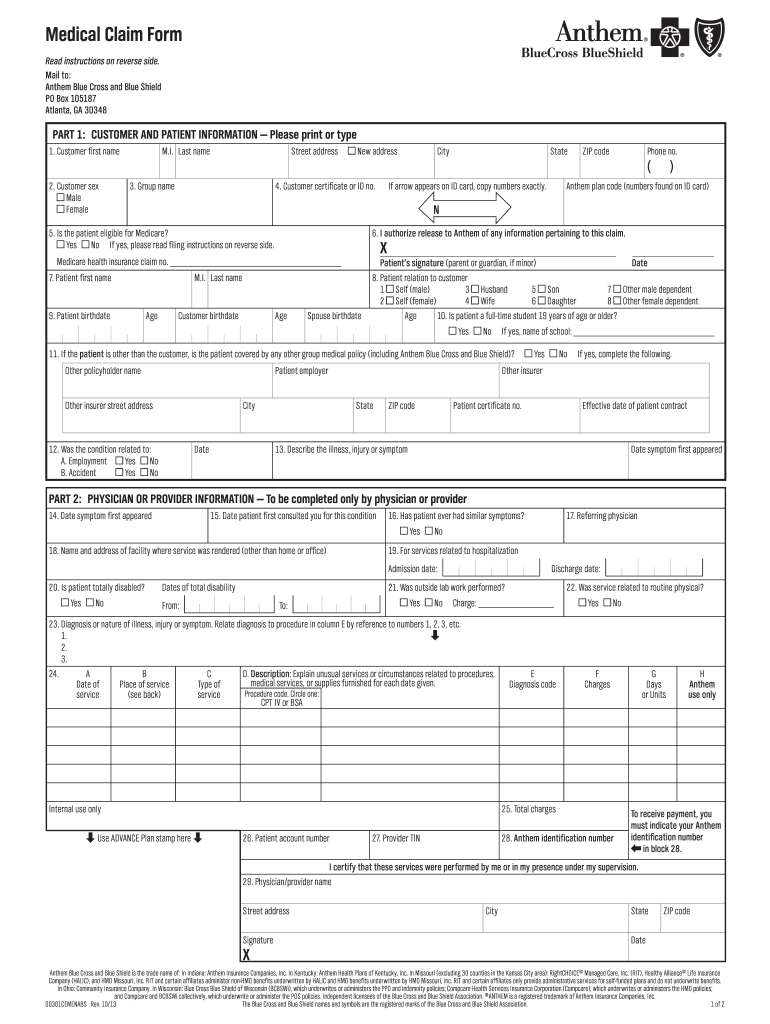 2013 Anthem Medical Claim Form Fill Online Printable Fillable Blank 