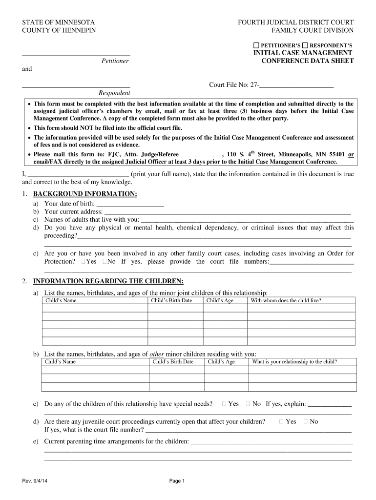 2014 2021 Form MN Initial Case Management Conference Data Sheet Fill