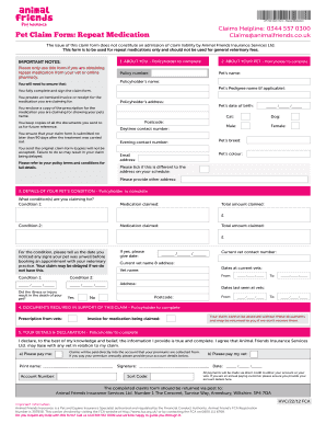 2015 UK Animal Friends Pet Claim Repeat Medication Form Fill Online