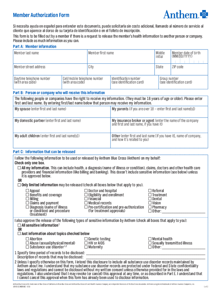 2018 2021 Anthem Member Authorization Form Fill Online Printable 