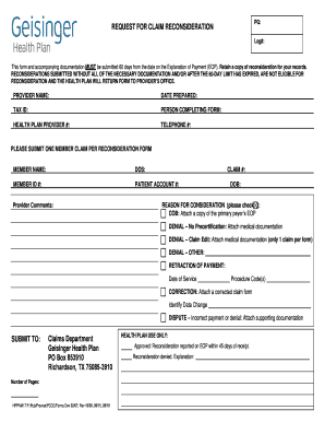 2018 Form Geisinger Health Plan Request For Claim Reconsideration Fill 