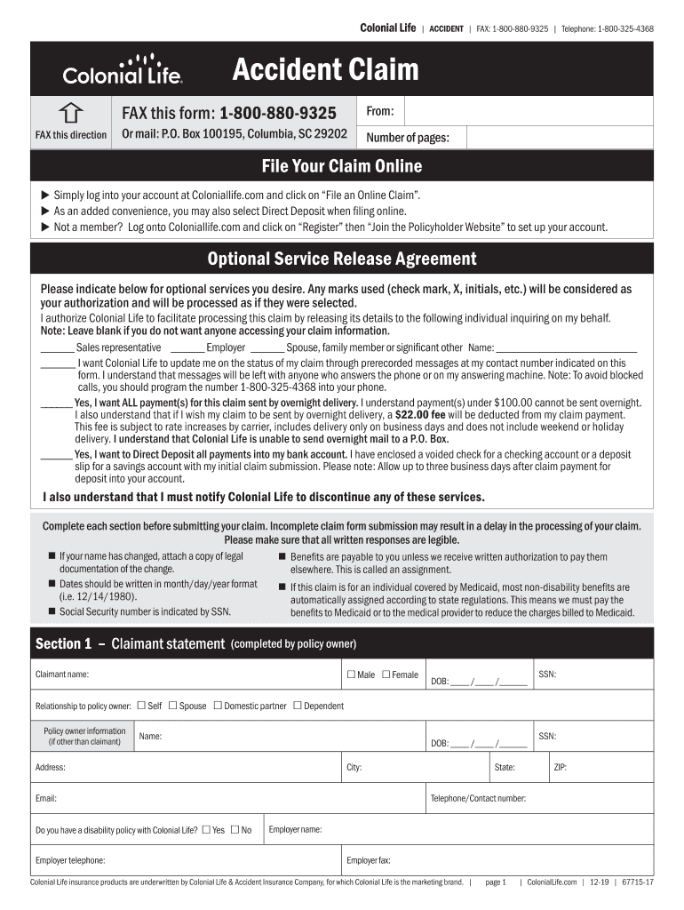 2019 2022 Colonial Life Form 67715 Fill Online Printable Fillable