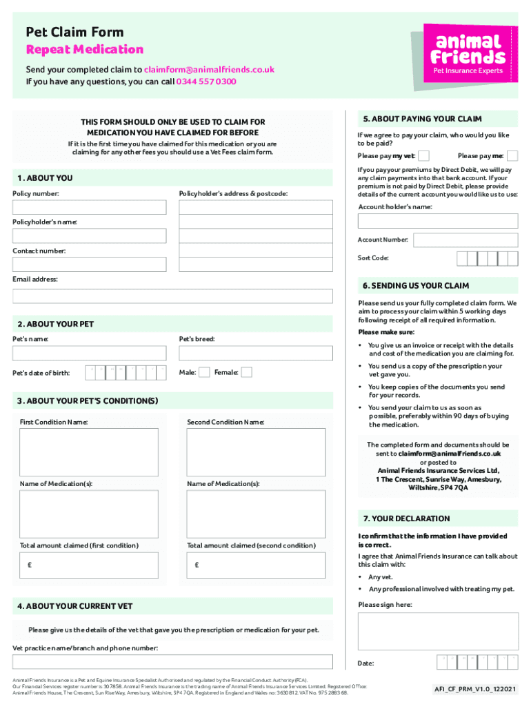 2021 2023 UK Animal Friends Pet Claim Repeat Medication Form Fill 