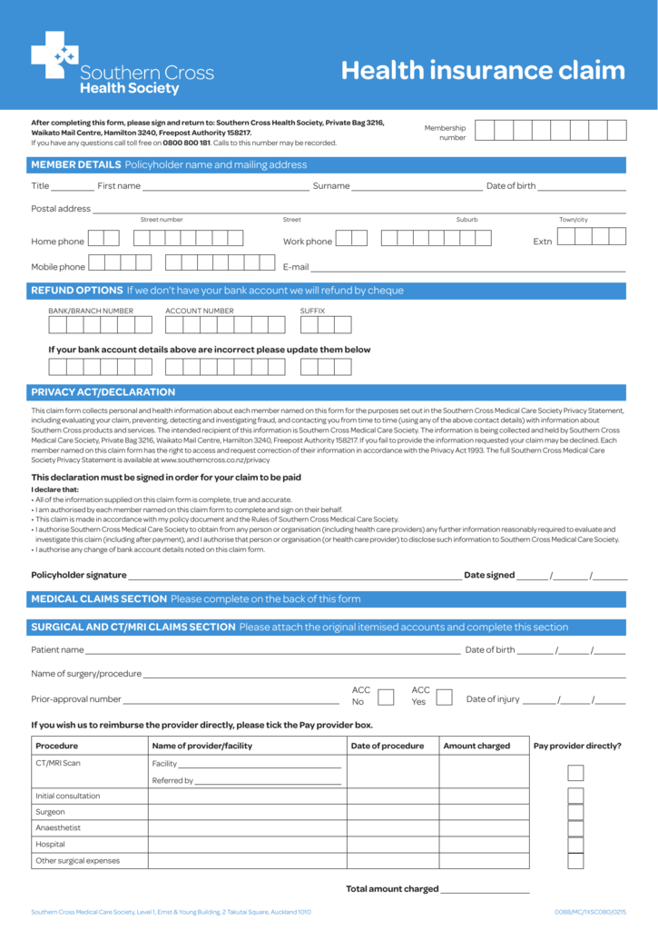 A Claim Form Southern Cross Healthcare