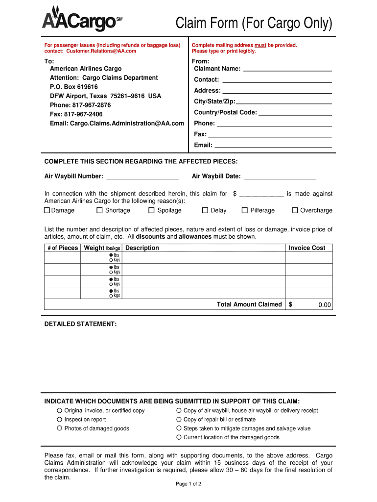 Aa Cargo Claim Fill Online Printable Fillable Blank PdfFiller