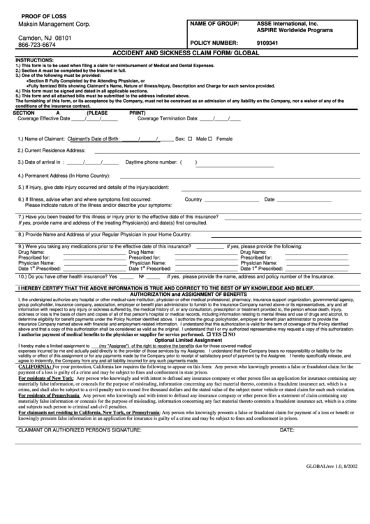 Accident And Sickness Claim Form Global Printable Pdf Download