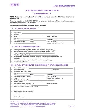 Acko General Insurance Claim Form Part B Fill Online Printable 