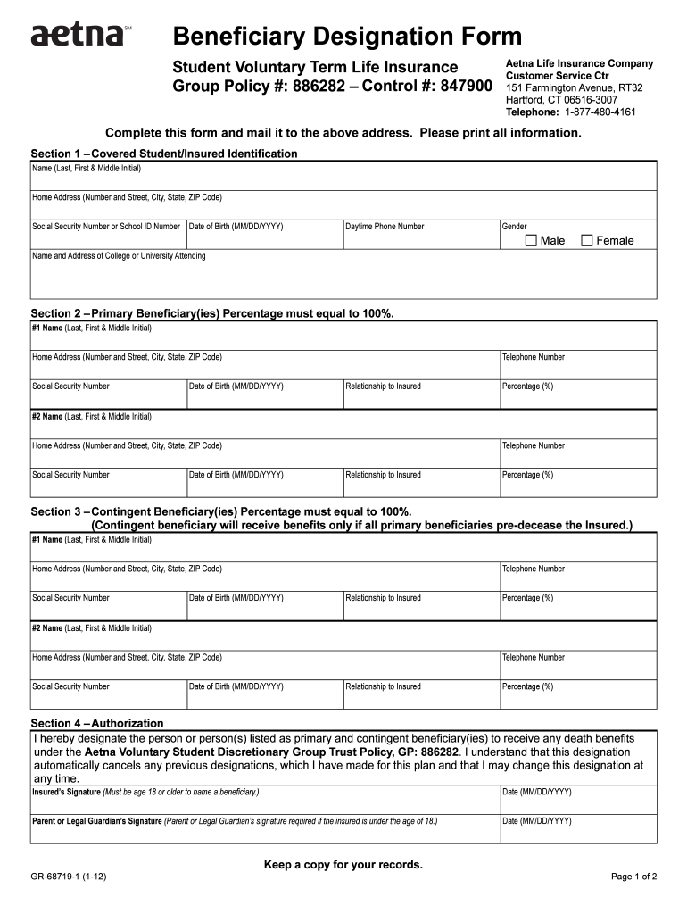 Aetna Life Insurance Company Designation Of Beneficiary Fill Out 