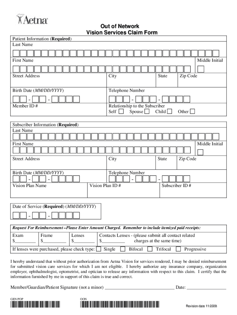 Aetna Out of Network Vision Services Claim Form 2009 Fill And Sign 