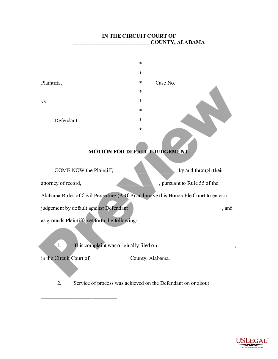 Alabama Motion For Default Judgment For Failure To File Answer Al 