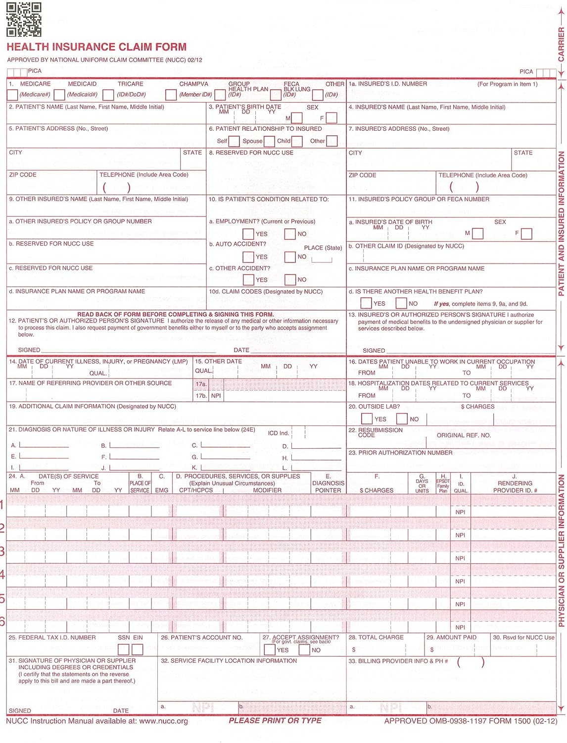 Amazon CMS 1500 Claim Forms HCFA Version 02 12 2 500 Sheets 