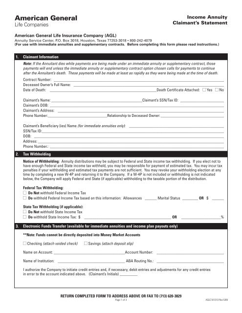 American General Life Annuity Claim Form ClaimForms