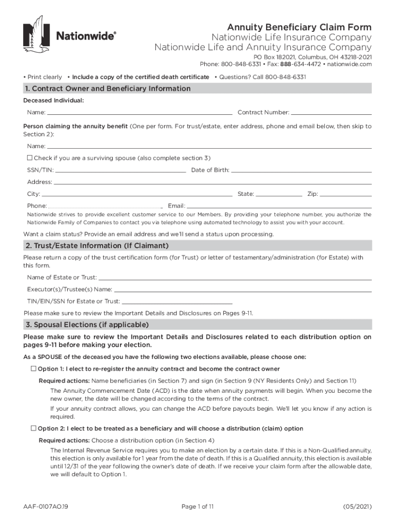 Annuity Beneficiary Claim Form Nationwide Life Insurance Fill Out And