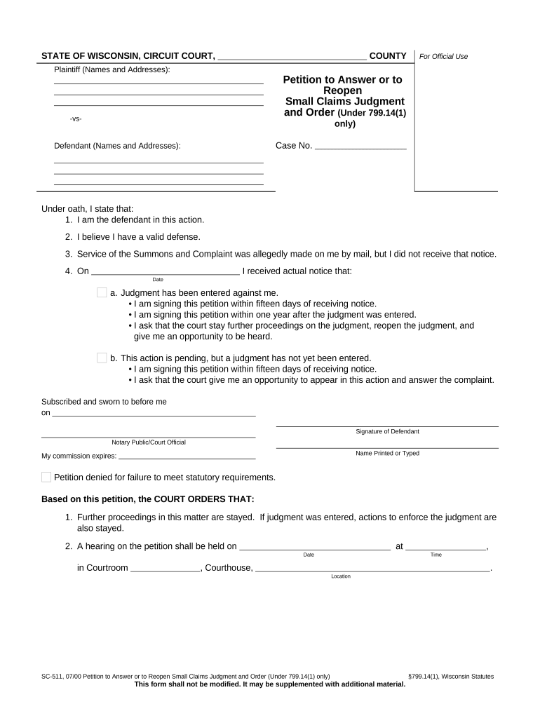 Answer Small Claims Wisconsin Form Fill Out And Sign Printable PDF 