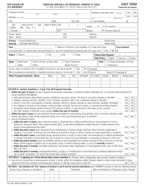 APPLICATION FOR AMERICAN AMICABLE LIFE INSURANCE COMPANY OF Fill And 