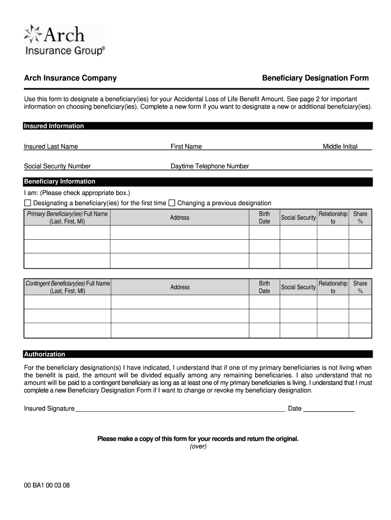 Arch Insurance Group Beneficiary Designation Form Fill And Sign 