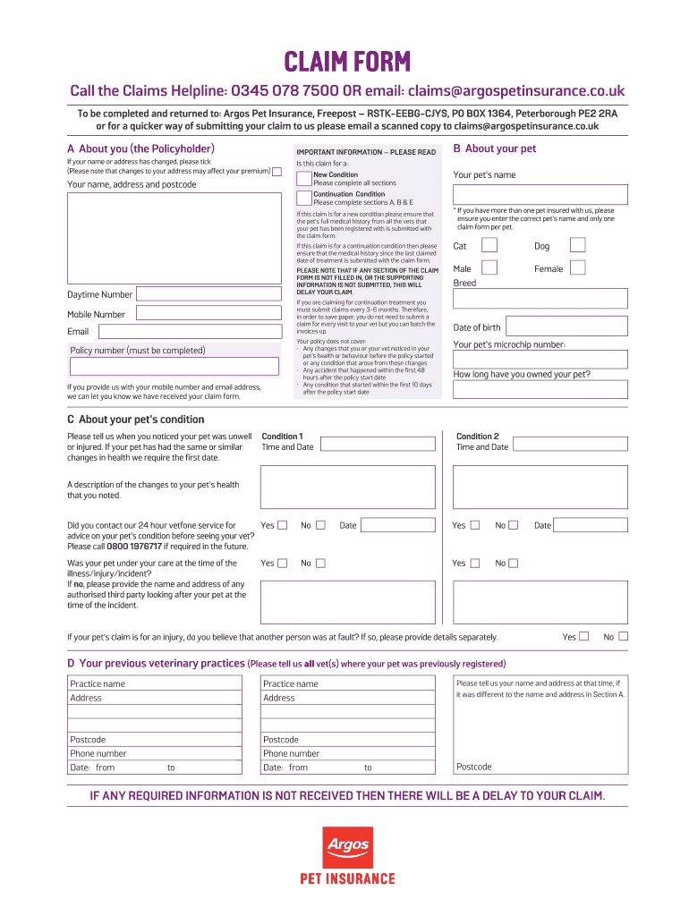 Argos Pet Insurance Claim Form 2020 2022 Fill And Sign Printable