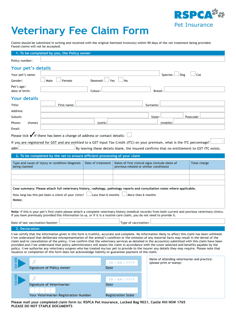 AU RSPCA Pet Insurance Veterinary Fee Claim Form 2019 Fill And Sign 