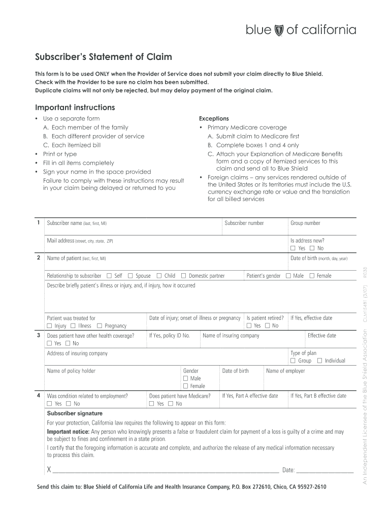 Blue Shield Claim Form Fill Out Sign Online DocHub