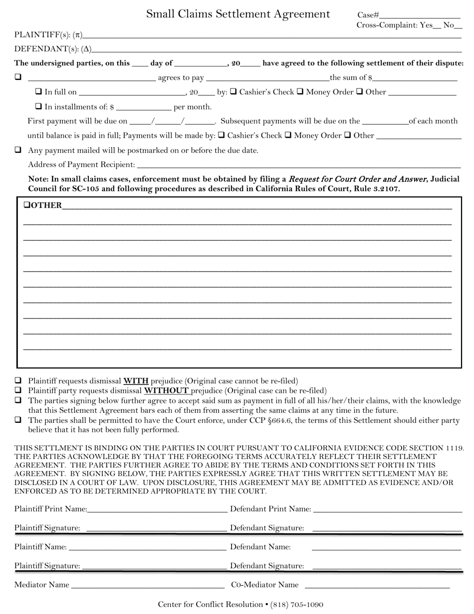 California Small Claims Settlement Agreement Form Download Printable