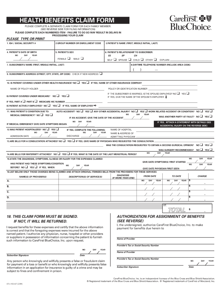 Carefirst Health Benefits Claim Form 2009 Fill Out Sign Online DocHub