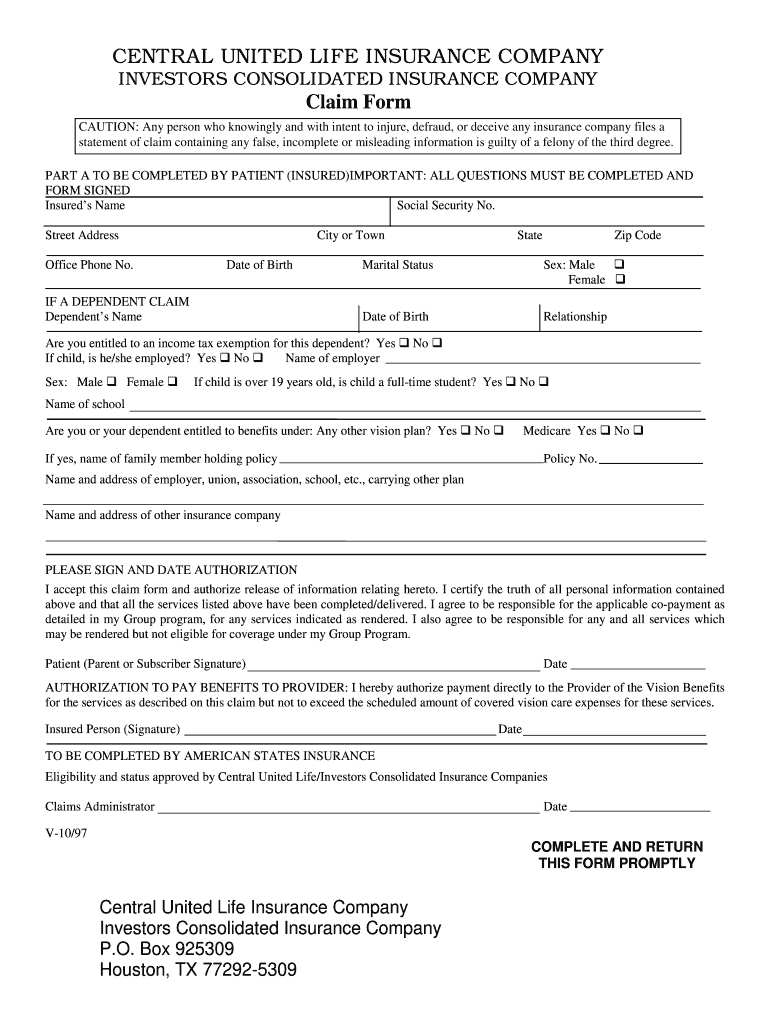 Central United Life Insurance Claims Mailing Address Fill Out And