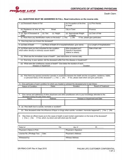 Certificate Of Attending Physician For Death Claim Form Philam Life